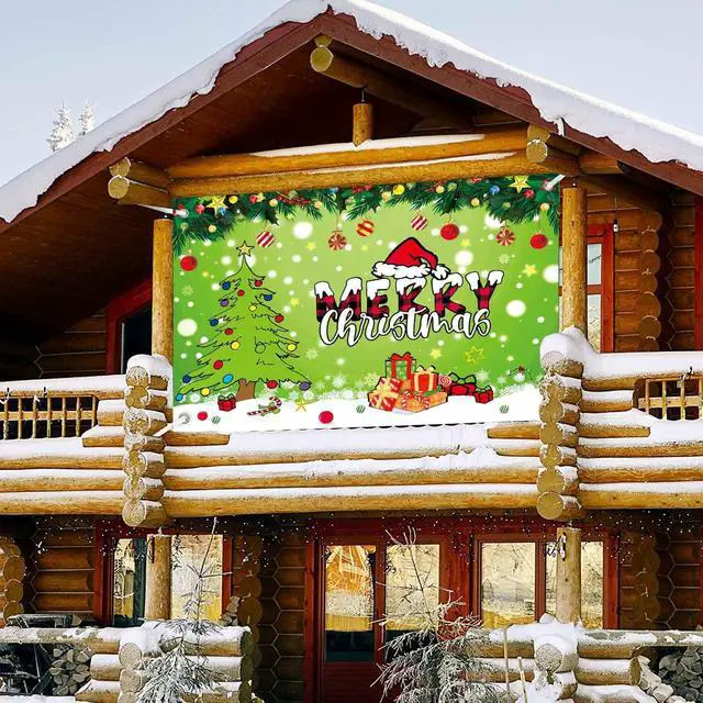 Alt view image 5 of 7 - 8x6ft Merry Christmas Backdrop Banner Green Cartoon Theme Christmas Party Decorations Xmas Tree Santa Photography Background Snowy Winter Party Decoration Props