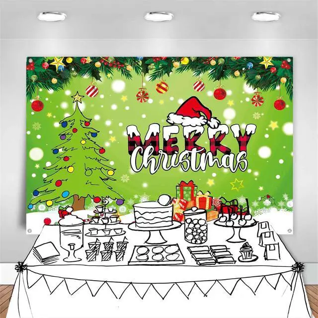 Alt view image 6 of 7 - 8x6ft Merry Christmas Backdrop Banner Green Cartoon Theme Christmas Party Decorations Xmas Tree Santa Photography Background Snowy Winter Party Decoration Props