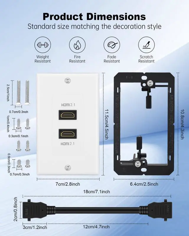 Alt view image 4 of 7 - HDMI Wall Plate White, HDMI 2.1 Wall Plate2 Port, HDMI wall outlet Pass Through Socket, Fits Home Theater Systems, Supports 8K@60Hz and 4K@120Hz, 3D, HDR, 48 Gbps HDMI Box
