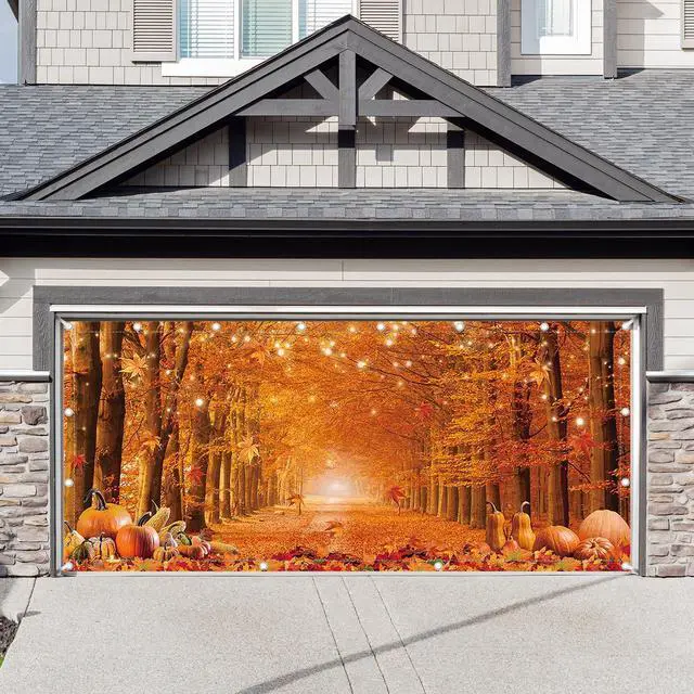 Main image of 1PC 16x7ft Fall Thanksgiving Garage Door Banner Decorations | Autumn Pumpkin Maple Leaves Photography Backdrop, Home Outdoor Hanging Cover, Harvest Party Supplies, Polyester, With Ribbon