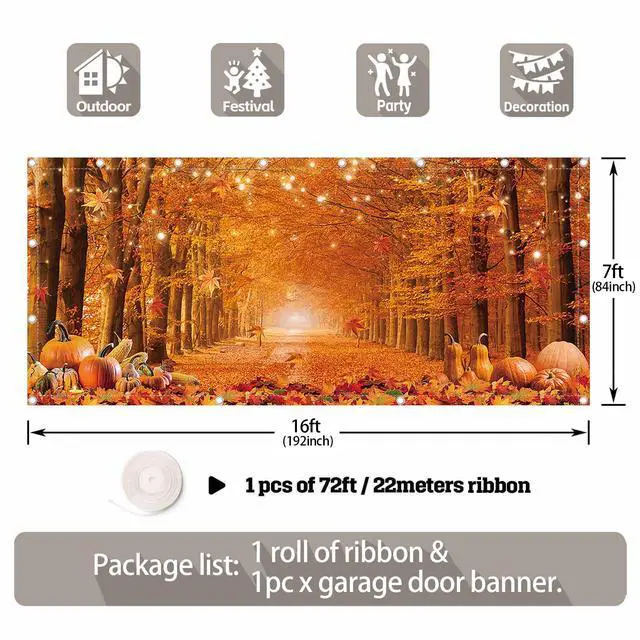 Alt view image 2 of 5 - 1PC 16x7ft Fall Thanksgiving Garage Door Banner Decorations | Autumn Pumpkin Maple Leaves Photography Backdrop, Home Outdoor Hanging Cover, Harvest Party Supplies, Polyester, With Ribbon