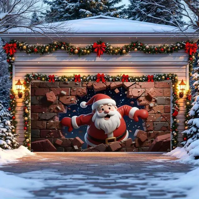Main image of 7x16ft Christmas Garage Door Cover for Double Car Brick Wall Star Night Santa Claus Christmas Garage Door Banner Backdrop for Photography for Outdoor Xmas Party Decorations Wall Decor