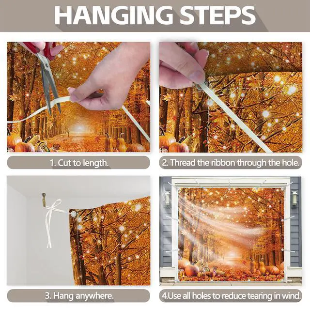 Alt view image 3 of 5 - 1PC 16x7ft Fall Thanksgiving Garage Door Banner Decorations | Autumn Pumpkin Maple Leaves Photography Backdrop, Home Outdoor Hanging Cover, Harvest Party Supplies, Polyester, With Ribbon