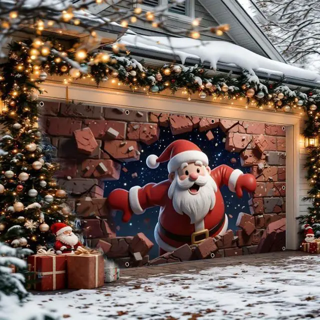 Alt view image 3 of 7 - 7x16ft Christmas Garage Door Cover for Double Car Brick Wall Star Night Santa Claus Christmas Garage Door Banner Backdrop for Photography for Outdoor Xmas Party Decorations Wall Decor