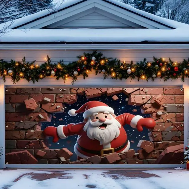 Alt view image 5 of 7 - 7x16ft Christmas Garage Door Cover for Double Car Brick Wall Star Night Santa Claus Christmas Garage Door Banner Backdrop for Photography for Outdoor Xmas Party Decorations Wall Decor