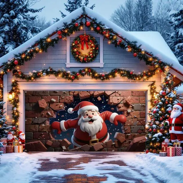 Alt view image 2 of 7 - 7x16ft Christmas Garage Door Cover for Double Car Brick Wall Star Night Santa Claus Christmas Garage Door Banner Backdrop for Photography for Outdoor Xmas Party Decorations Wall Decor