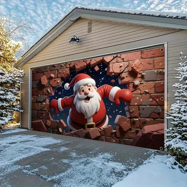 Alt view image 4 of 7 - 7x16ft Christmas Garage Door Cover for Double Car Brick Wall Star Night Santa Claus Christmas Garage Door Banner Backdrop for Photography for Outdoor Xmas Party Decorations Wall Decor