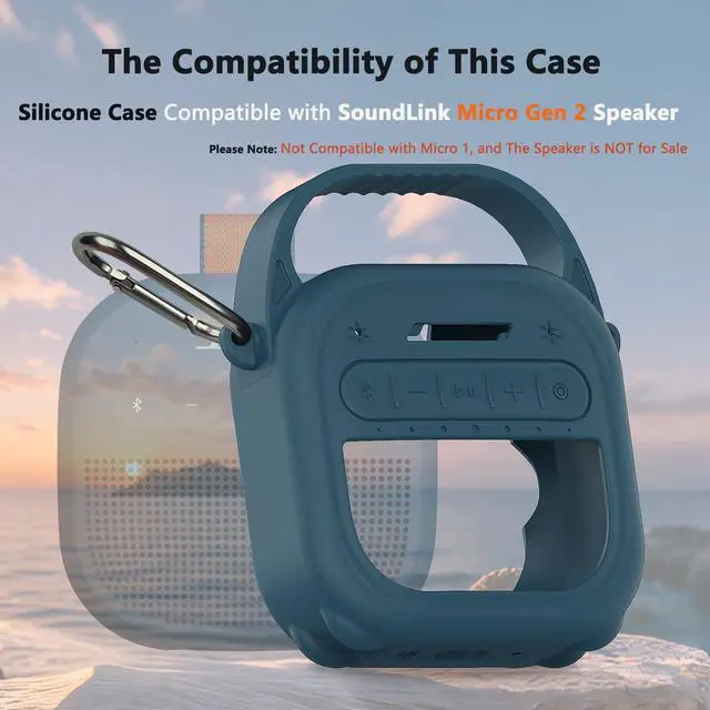 Alt view image 2 of 7 - Silicone Cover Case for Bose New SoundLink Micro 2nd Gen Bluetooth Speaker | Protective Soft Silicone Case with Handle and Metal Carabiner, Shockproof and Anti-Scratch Cover (Twilight Blue)