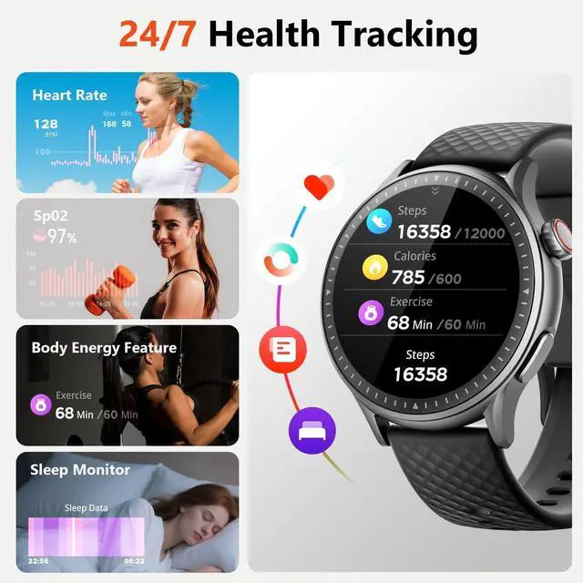 Alt view image 2 of 7 - Fitness Smart Watch for Men Women, 2026 New Running smartch,1.46'' AMOLED Ultra-HD Screen Fitness Tracker with Heart Rate/Sleep/SpO2 Monitor, 3ATM Waterproof Smartwatch for iPhone/Samsung/Android