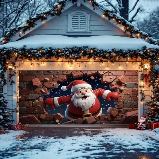 Alt view image 6 of 7 - 7x16ft Christmas Garage Door Cover for Double Car Brick Wall Star Night Santa Claus Christmas Garage Door Banner Backdrop for Photography for Outdoor Xmas Party Decorations Wall Decor