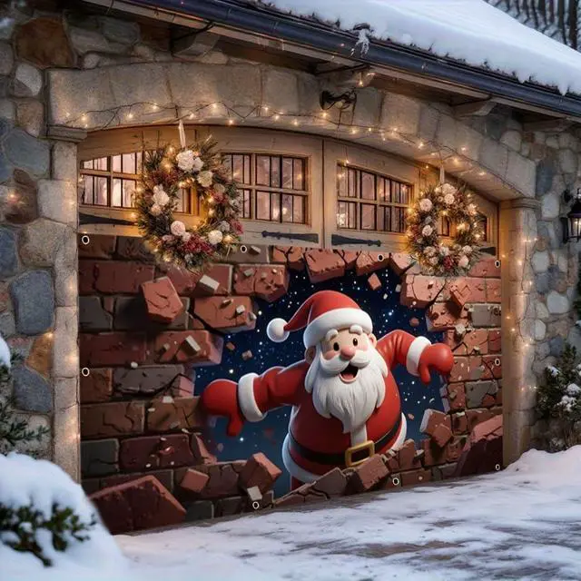 Alt view image 7 of 7 - 7x16ft Christmas Garage Door Cover for Double Car Brick Wall Star Night Santa Claus Christmas Garage Door Banner Backdrop for Photography for Outdoor Xmas Party Decorations Wall Decor