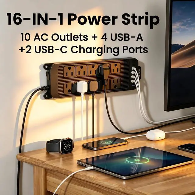 Alt view image 2 of 7 - 16 in 1 Surge Protector Power Strip, with 10 AC 6 USB, 1250W, Power Switch | Extension Cord with 10 Multiple Outlets, 4 USB A, 2 USB C, 1080 Joules, 1250W/10A, for Home, Office, Dorm Room, UL Listed