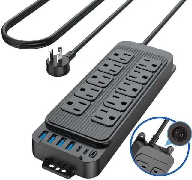 Main image of 16 in 1 Surge Protector Power Strip, with 10 AC 6 USB, 1250W, Power Switch | Extension Cord with 10 Multiple Outlets, 4 USB A, 2 USB C, 1080 Joules, 1250W/10A, for Home, Office, Dorm Room, UL Listed