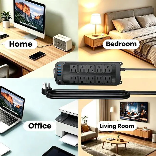 Alt view image 5 of 7 - 16 in 1 Surge Protector Power Strip, with 10 AC 6 USB, 1250W, Power Switch | Extension Cord with 10 Multiple Outlets, 4 USB A, 2 USB C, 1080 Joules, 1250W/10A, for Home, Office, Dorm Room, UL Listed