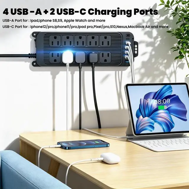 Alt view image 6 of 7 - 16 in 1 Surge Protector Power Strip, with 10 AC 6 USB, 1250W, Power Switch | Extension Cord with 10 Multiple Outlets, 4 USB A, 2 USB C, 1080 Joules, 1250W/10A, for Home, Office, Dorm Room, UL Listed