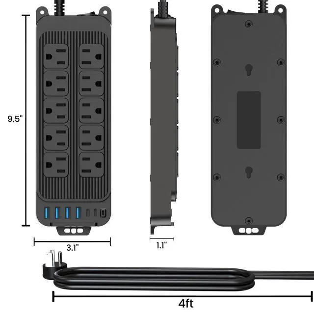 Alt view image 7 of 7 - 16 in 1 Surge Protector Power Strip, with 10 AC 6 USB, 1250W, Power Switch | Extension Cord with 10 Multiple Outlets, 4 USB A, 2 USB C, 1080 Joules, 1250W/10A, for Home, Office, Dorm Room, UL Listed