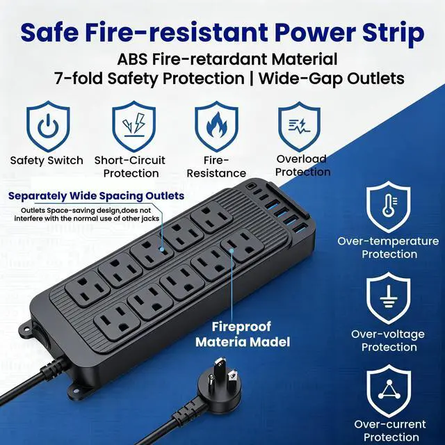 Alt view image 3 of 7 - 16 in 1 Surge Protector Power Strip, with 10 AC 6 USB, 1250W, Power Switch | Extension Cord with 10 Multiple Outlets, 4 USB A, 2 USB C, 1080 Joules, 1250W/10A, for Home, Office, Dorm Room, UL Listed