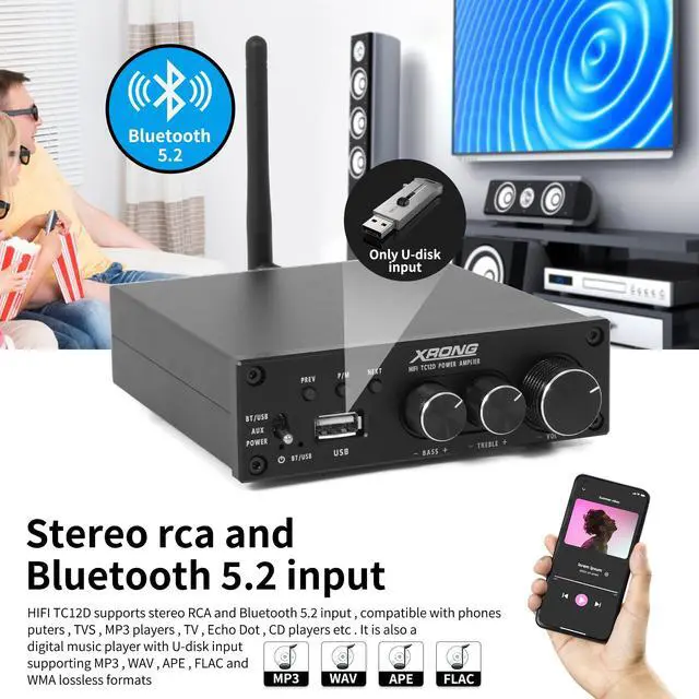 Alt view image 2 of 6 - TC12D Bluetooth 5.2 Stereo Audio Receiver Amplifier 2.1 CH Mini Hi-Fi Class D TDA7498E Integrated Amp 320 Watts U-Disk Player for Home Passive Speakers Powered Subwoofer with Power Supply