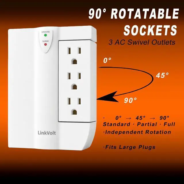 Alt view image 4 of 7 - LINKVOLT Surge Protector Wall Tap Extender 90° with USB Ports 6 AC 1200J 5ft Extension Cord