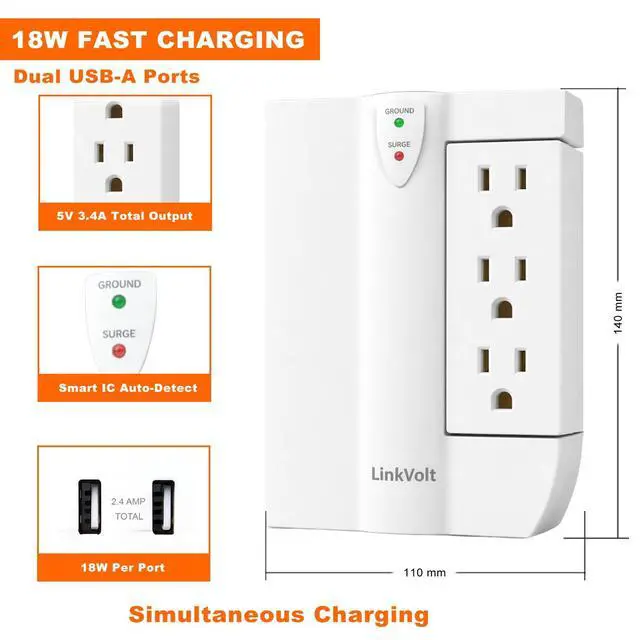 Alt view image 2 of 7 - LINKVOLT Surge Protector Wall Tap Extender 90° with USB Ports 6 AC 1200J 5ft Extension Cord
