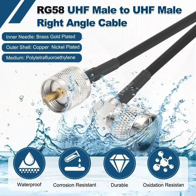Alt view image 3 of 7 - Black RG58 CB Coax Cable 4ft, 50 Ohm Low Loss UHF Male to UHF Male Right Angle Extension Jumper Cable for HAM Radio, Antenna Analyzer, HF Radio, and Communication Devices