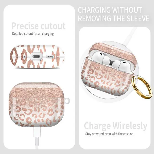 Alt view image 5 of 6 - Compatible with AirPod Pro 3rd Gen(2025) Case,Protective Case for AirPod Pro 3rd Gen, Shockproof with Carabiner, Wireless Charging Compatible for Women Men (Rose Gold Glitter Ombre Leopard)