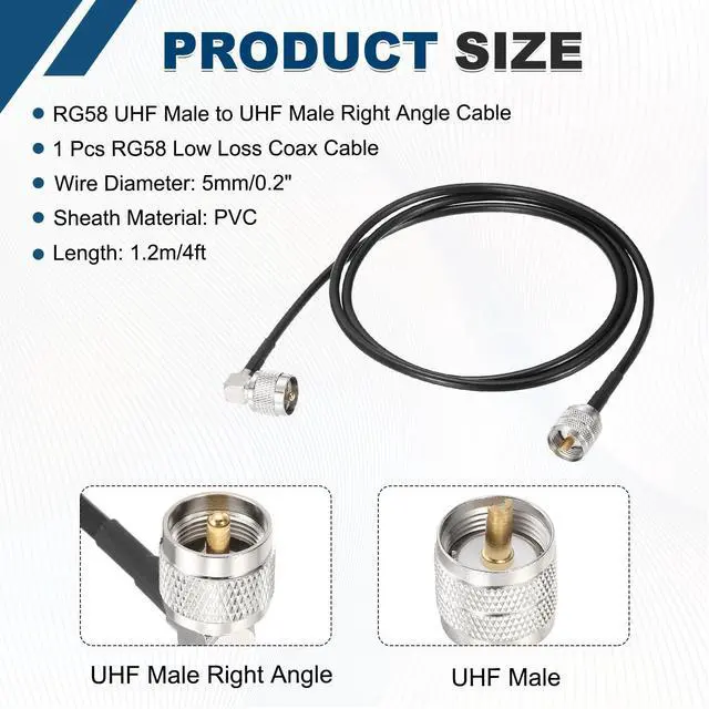 Alt view image 2 of 7 - Black RG58 CB Coax Cable 4ft, 50 Ohm Low Loss UHF Male to UHF Male Right Angle Extension Jumper Cable for HAM Radio, Antenna Analyzer, HF Radio, and Communication Devices