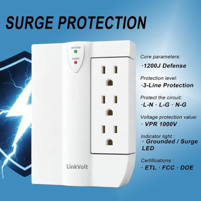 Alt view image 3 of 7 - LINKVOLT Surge Protector Wall Tap Extender 90° with USB Ports 6 AC 1200J 5ft Extension Cord