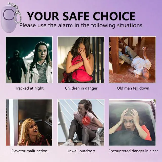 Alt view image 6 of 6 - 130dB Portable Personal Alarm 2-Pack for Self Defense, Rechargeable Keychain with Strobe Light, USB-C Charging SOS Siren for Women, Elderly, Teens, College Students (Black+Purple)