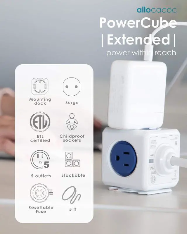 Alt view image 2 of 6 - Power Strip PowerCube Extended 5 Outlets 5ft Cable Surge Protector No Blockage Mounting Dock Removable Tape, Compact for Travel Home Office Dorm Space Saving, 1875W ETL Certified