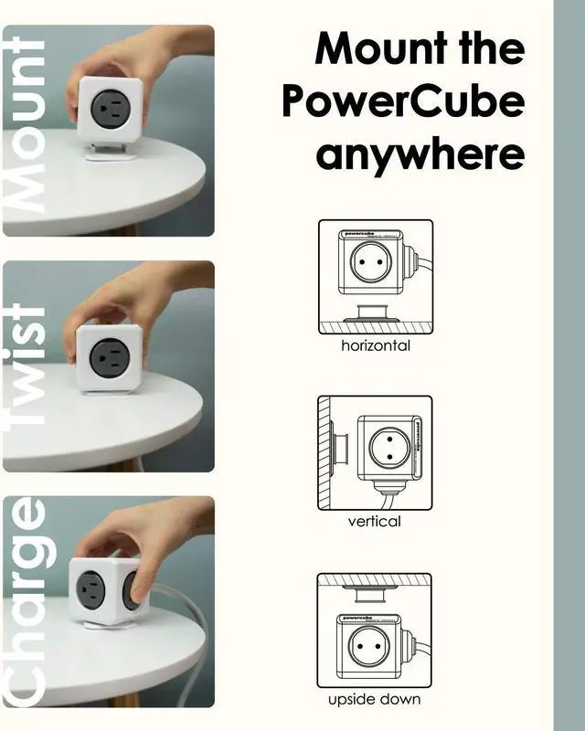 Alt view image 3 of 6 - Power Strip PowerCube Extended 5 Outlets 5ft Cable Surge Protector No Blockage Mounting Dock Removable Tape, Compact for Travel Home Office Dorm Space Saving, 1875W ETL Certified