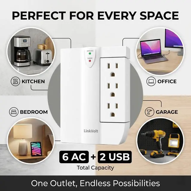 Alt view image 6 of 7 - LINKVOLT Surge Protector Wall Tap Extender 90° with USB Ports 6 AC 1200J 5ft Extension Cord