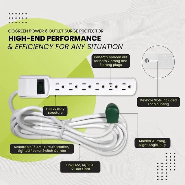 Alt view image 5 of 7 - GoGreen Power Inc. (G-16103M-12-2) 6 Outlet Surge Protector, 12FT Cord, White, 2 Pack