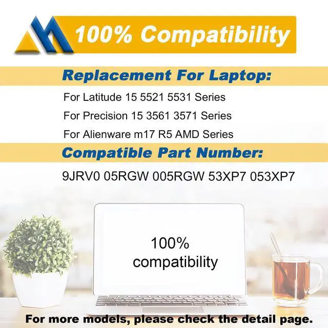 Alt view image 5 of 7 - 97Wh 9JRV0 Laptop Battery Replacement for Dell Latitude 5521 5531 Precision 3561 3571 3581 3591 Alienware m18 R1 R2 m17 R5 AMD Series 0P3TJ 0R05P0 05RGW 11.4V 8071mAh