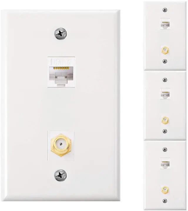 Main image of 4 Pack Ethernet Coax Wall Plates, Cat6 Coax Wall Plate with Ethernet Port and Gold-Plated TV Coaxial Cable F-Type Port(White)