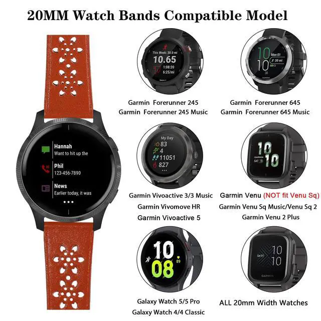 Alt view image 2 of 7 - Lace Leather Band Compatible with Garmin Vivoactive 3/5/Venu/Venu 2 Bands, Women Men, 20mm Breathable Slim Hollow-out Sports Replacement Band