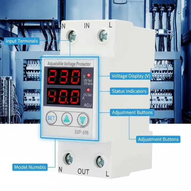 Alt view image 3 of 7 - SVP 916 Single Phase Current Protector, 63A, 230V AC, Adjustable Over Voltage and Under Voltage Protective Device