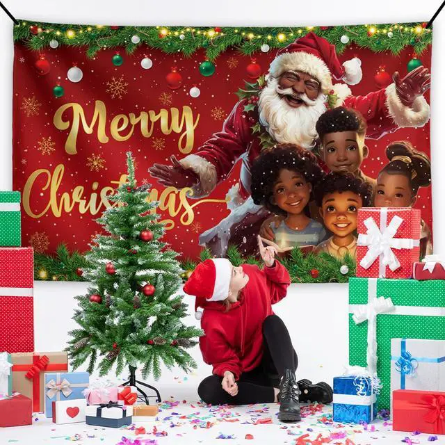 Alt view image 2 of 5 - Christmas Backdrop 71×43 Inch Black Santa Xmas Home Party Decor | Black Santa Xmas Decor, Photo Booth Background, Wall Ornament for Christmas Indoor Home Holiday Parties