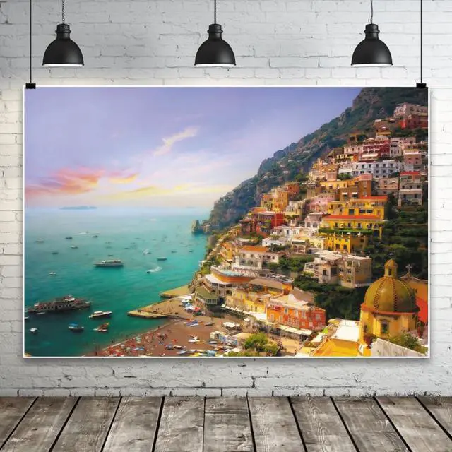 Alt view image 2 of 5 - Italy Positano Town Backdrop 7x5ft European Landscape Backdrops | Fabric Backdrops,Italian Campania Amalfi Coast Sunset Photos,Italian Themed Party,Mediterranean Coastal,Italy Tour Events