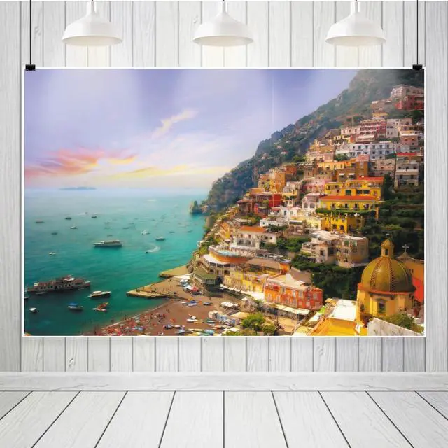 Alt view image 4 of 5 - Italy Positano Town Backdrop 7x5ft European Landscape Backdrops | Fabric Backdrops,Italian Campania Amalfi Coast Sunset Photos,Italian Themed Party,Mediterranean Coastal,Italy Tour Events