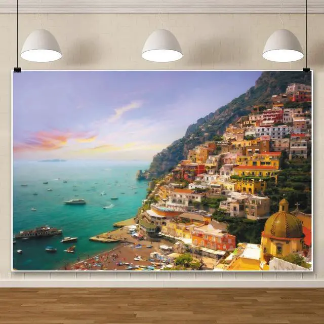 Alt view image 3 of 5 - Italy Positano Town Backdrop 7x5ft European Landscape Backdrops | Fabric Backdrops,Italian Campania Amalfi Coast Sunset Photos,Italian Themed Party,Mediterranean Coastal,Italy Tour Events