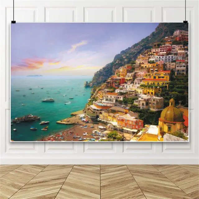 Alt view image 5 of 5 - Italy Positano Town Backdrop 7x5ft European Landscape Backdrops | Fabric Backdrops,Italian Campania Amalfi Coast Sunset Photos,Italian Themed Party,Mediterranean Coastal,Italy Tour Events