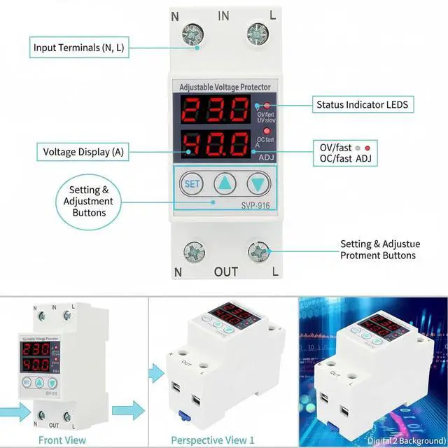 Alt view image 4 of 7 - SVP 916 Single Phase Current Protector, 63A, 230V AC, Adjustable Over Voltage and Under Voltage Protective Device