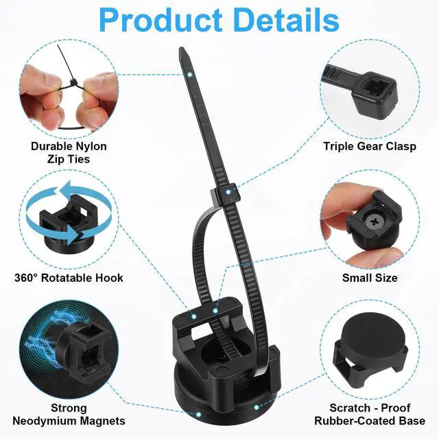 Alt view image 4 of 7 - 120Pcs Magnetic Zip Tie Mounts 20 Heavy-Duty Magnet Bases & 100 Nylon Cable Ties for Strong, Neat Wire Management