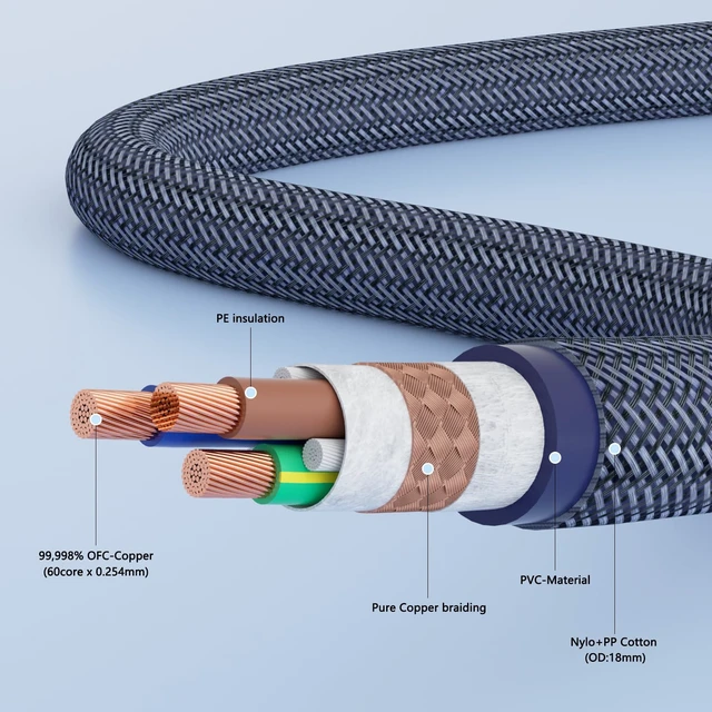 Alt view image 6 of 7 - 12AWG HiFi Audio AC Power Cable with 3-Prong Rhodium Plated Plugs(1.5M) Audiophile Power Cord 125V 15A High Quality Braided Sleeves Power Line with Power Filter/Turntable, Amplifier/CD Player/DAC