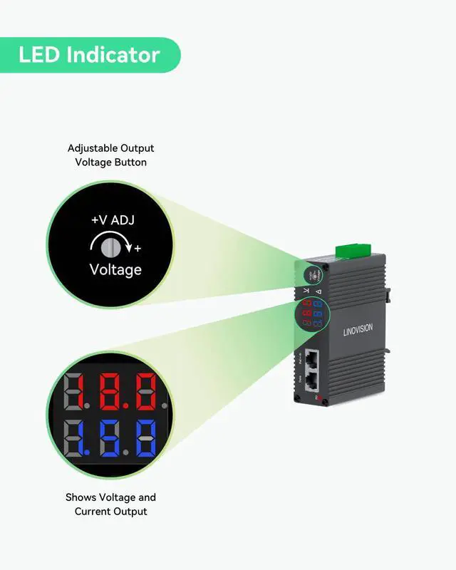 Alt view image 3 of 6 - Industrial 90W PoE++ Splitter, DC 3-36V Output, LED Display | IEEE 802.3 af/at/bt Input | DC 3~36V Adjustable | for PTZ Camera, Access Control Systems