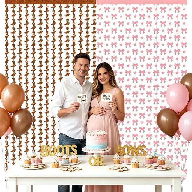 Alt view image 5 of 5 - Boots or Bows Gender Reveal Decorations, Glitter Foil Fringe Curtains for Baby Shower Party Supplies, Pink Bow & Brown Cowboy Boot Photo Booth Backdrop for Kids Gender Reveal, 2 Pack