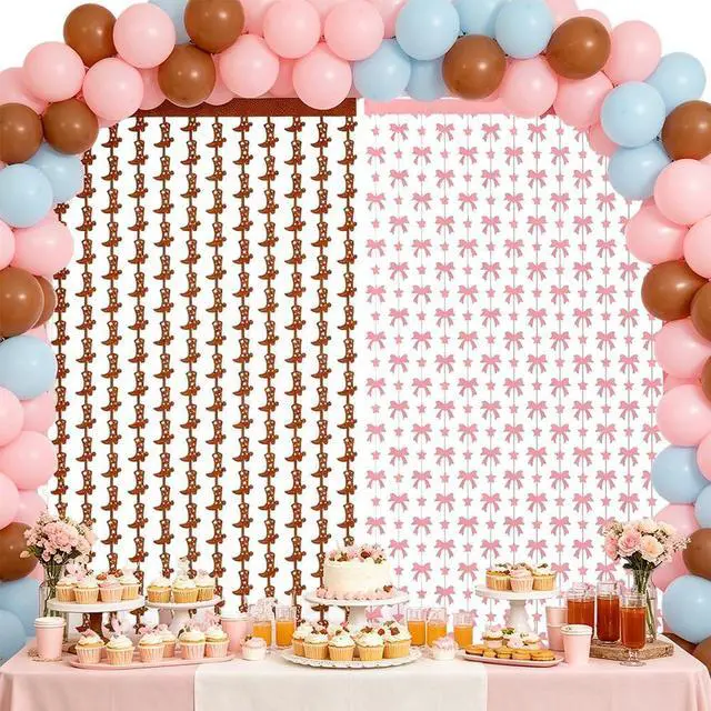 Alt view image 4 of 5 - Boots or Bows Gender Reveal Decorations, Glitter Foil Fringe Curtains for Baby Shower Party Supplies, Pink Bow & Brown Cowboy Boot Photo Booth Backdrop for Kids Gender Reveal, 2 Pack