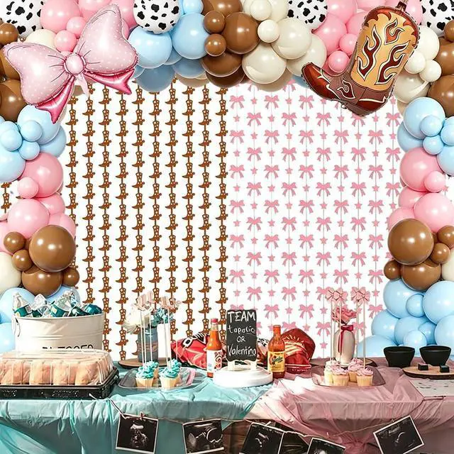 Alt view image 3 of 5 - Boots or Bows Gender Reveal Decorations, Glitter Foil Fringe Curtains for Baby Shower Party Supplies, Pink Bow & Brown Cowboy Boot Photo Booth Backdrop for Kids Gender Reveal, 2 Pack
