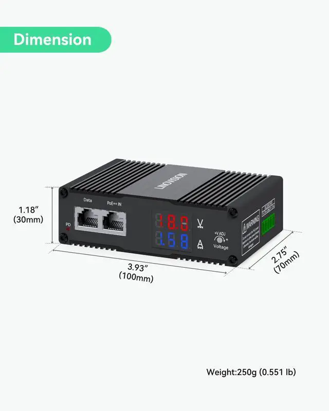 Alt view image 6 of 6 - Industrial 90W PoE++ Splitter, DC 3-36V Output, LED Display | IEEE 802.3 af/at/bt Input | DC 3~36V Adjustable | for PTZ Camera, Access Control Systems